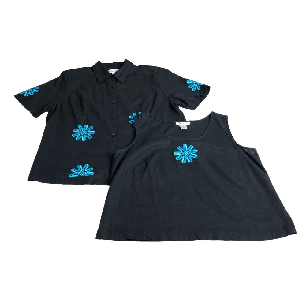 Vintage 90s AKC‎ Floral Linen Top Set Women 1X Black Embroidered Coastal Boho